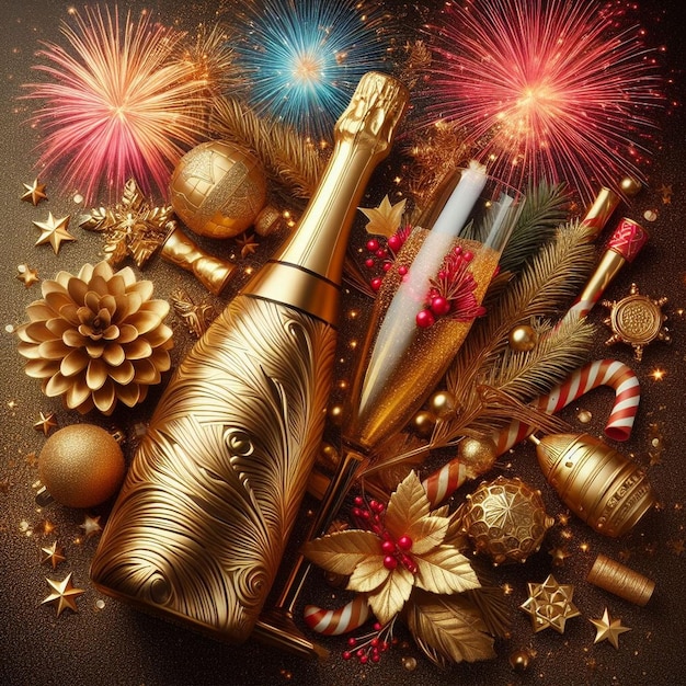 Beautiful golden and red Champagne bottle New Year celebration with champagne New Year celebration
