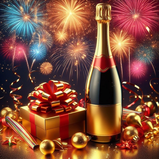 Beautiful golden and red Champagne bottle New Year celebration with champagne New Year celebration