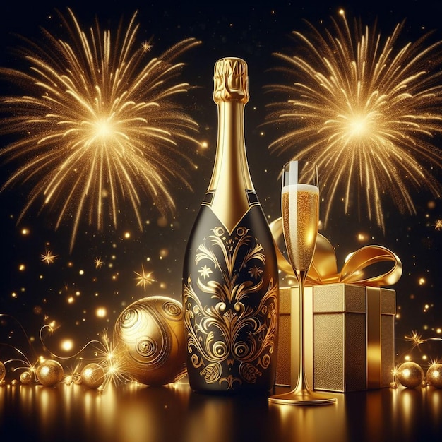 Красивая золотая и красная бутылка шампанского празднование Нового года с шампанским празднованием Нового года