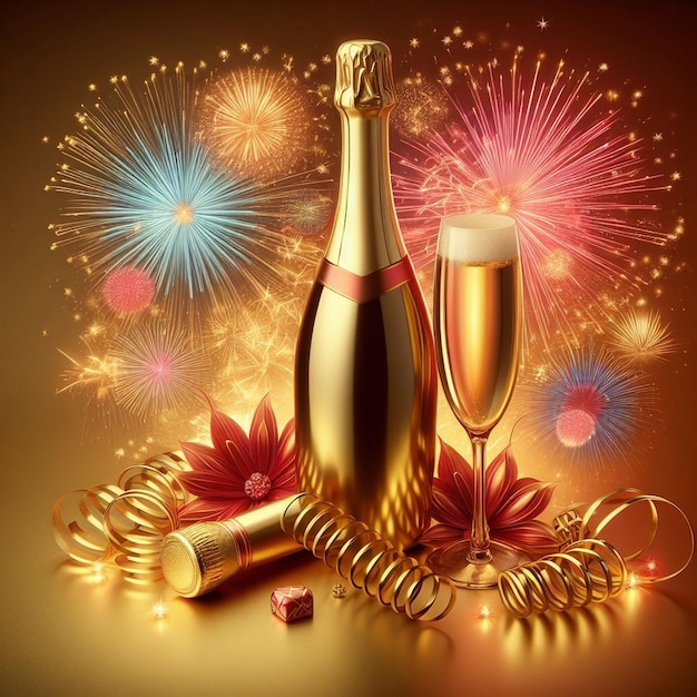 Beautiful golden and red Champagne bottle New Year celebration with champagne New Year celebration