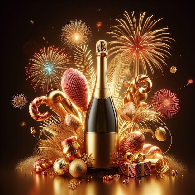 Beautiful golden and red Champagne bottle New Year celebration with champagne New Year celebration