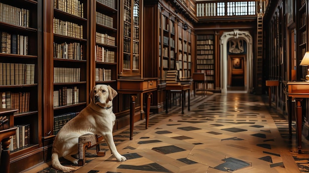 A beautiful golden retriever sits in a grand library surrounded by bookshelves filled with leatherbound volumes
