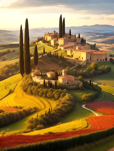 Beautiful golden sunrise in tuscany italy with vineyard natural autumn background ai generated