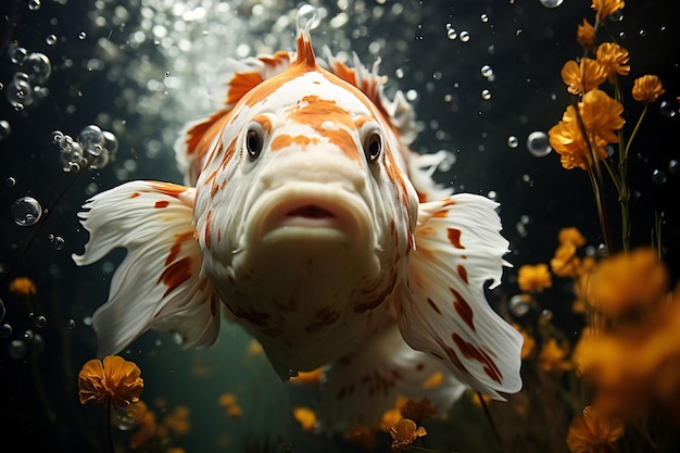 水槽を泳ぐ美しい金魚 水中撮影