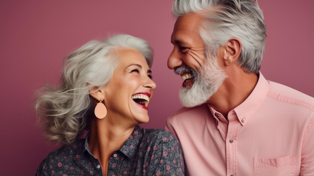 Beautiful gorgeous 50s mid age elderly senior model couple with grey hair laughing and smiling Mature old man and woman close up portrait