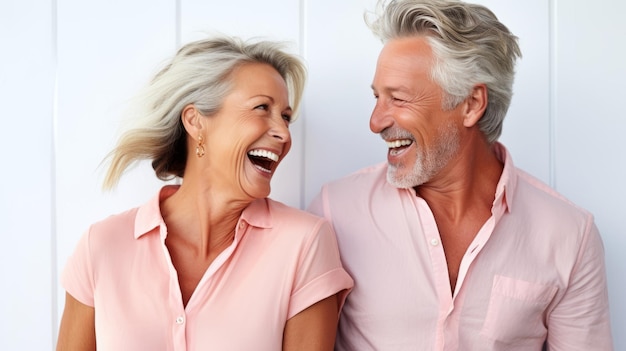 Beautiful gorgeous 50s mid age elderly senior model couple with grey hair laughing and smiling Mature old man and woman close up portrait