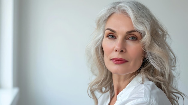 Beautiful gorgeous 50s mid aged mature woman looking at camera isolated on white Mature old lady close up portrait Healthy face skin care beauty middle age skincare cosmetics cosmetology concept