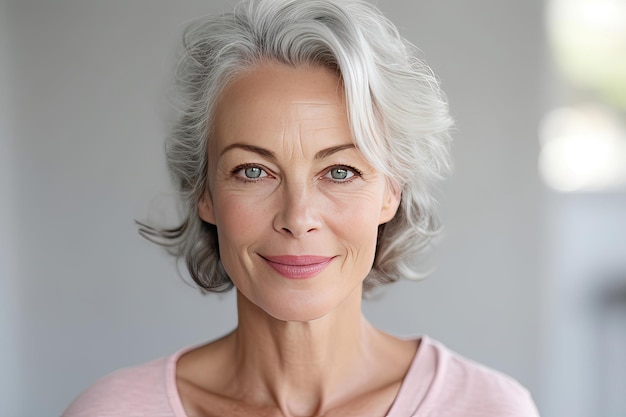 美しいゴージャスな 50 代中年の成熟した女性が白で隔離カメラ目線成熟した老婦人のクローズ アップ肖像画健康な顔のスキンケア美容中年スキンケア化粧品ジェネレーティブ Ai
