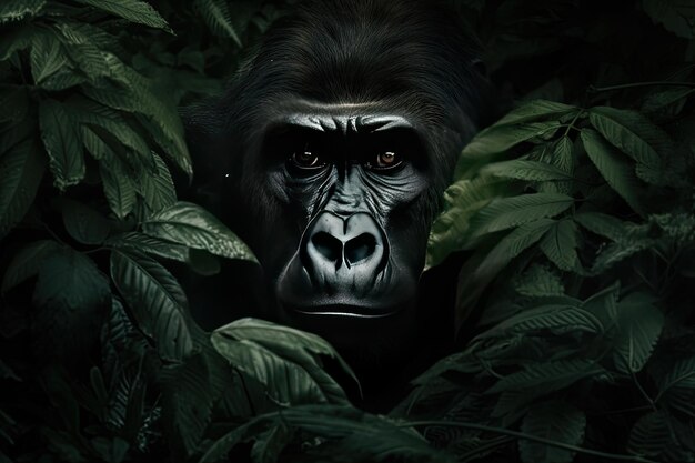 Beautiful gorilla peeking through leaves in the rainforest Generative AI