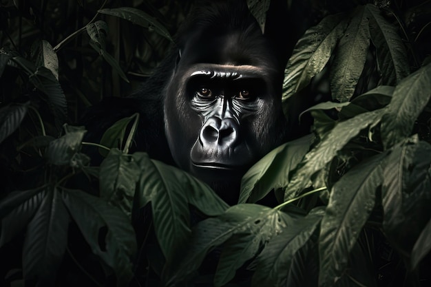 Photo beautiful gorilla peeking through leaves in the rainforest generative ai