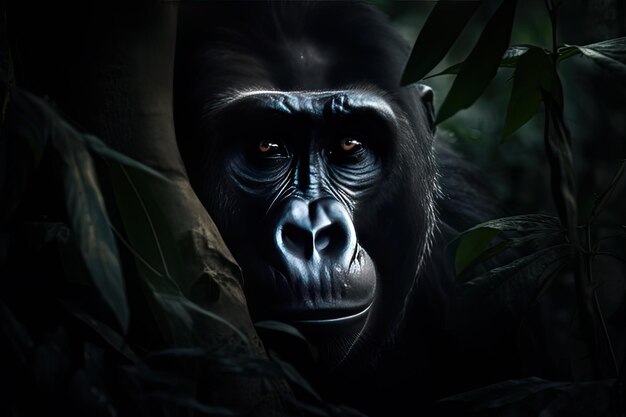 Beautiful gorilla peeking through leaves in the rainforest Generative AI