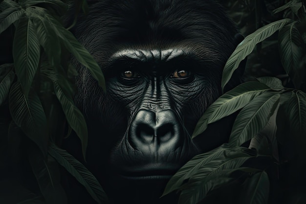 Beautiful gorilla peeking through leaves in the rainforest Generative AI