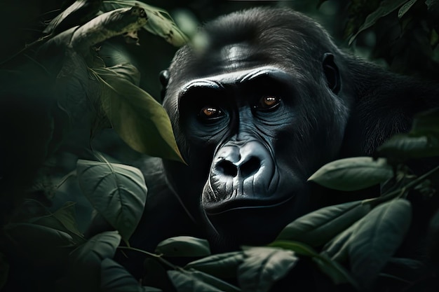 Beautiful gorilla peeking through leaves in the rainforest Generative AI