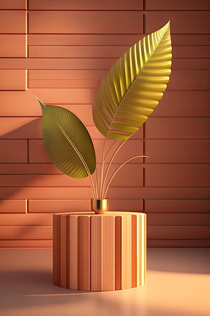 Beautiful grain natural shape wooden podium table bamboo palm tree in sunlight leaf shadow on lig