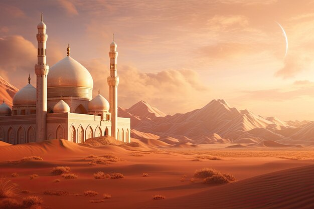 A beautiful grand mosque masjid in a desert at daytime