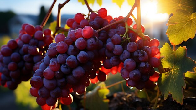 Beautiful grapes on a vine against the setting sun.