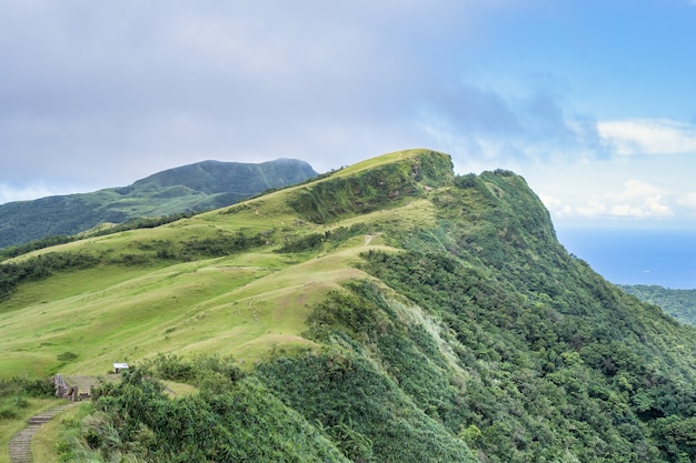 Beautiful grassland, prairie in Taoyuan Valley, Caoling Mountain Trail passes over the peak of Mt. Wankengtou in Taiwan.