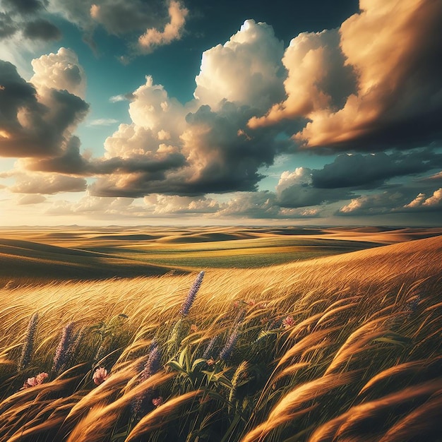 Beautiful grassy fields and summer blue sky with fluffy white clouds in the wind Wide format