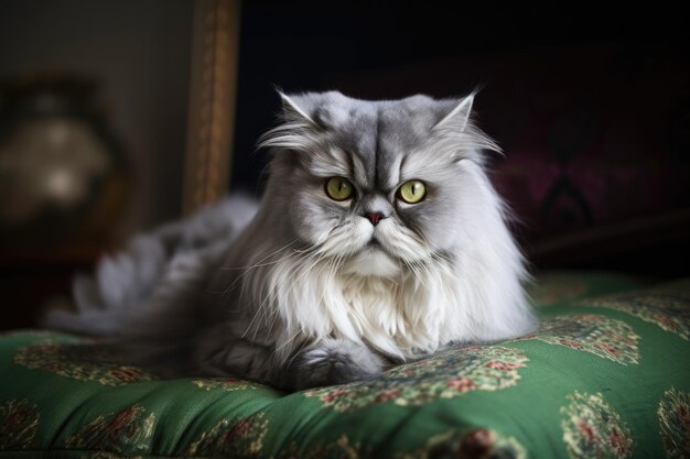 Beautiful gray and white Persian portrait with a gorgeous background and a green pillow