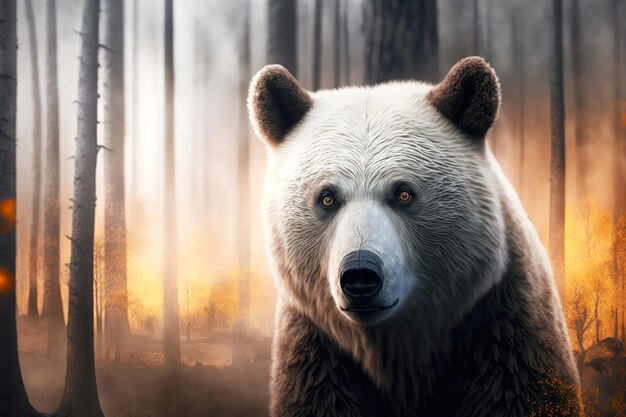 Beautiful gray with white muzzle bear in a burning forest generative ai