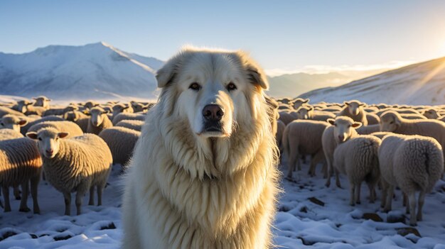 Foto bellissimo cane dei grandi pirenei che sorveglia un gregge di pecore ai generative