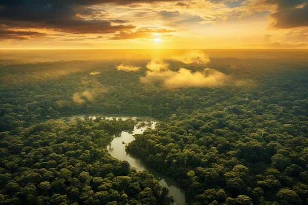 写真 夕暮れの日の出の美しい緑のアマゾン森林の風景