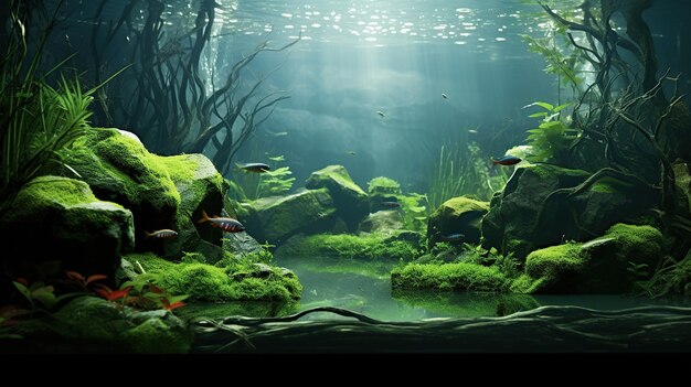 Beautiful green aquascape with live aquarium plants and fish