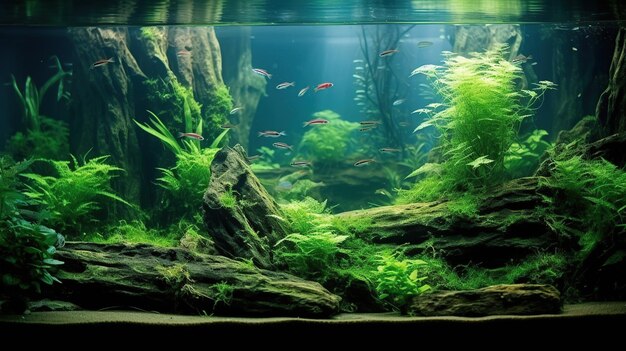 Photo beautiful green aquascape with live aquarium plants and fish