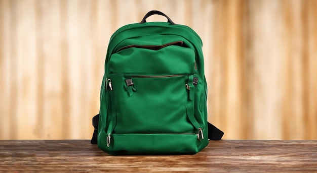 Beautiful green bag on a wooden board