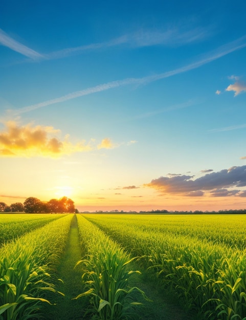 beautiful green cornfield with sunset sky background