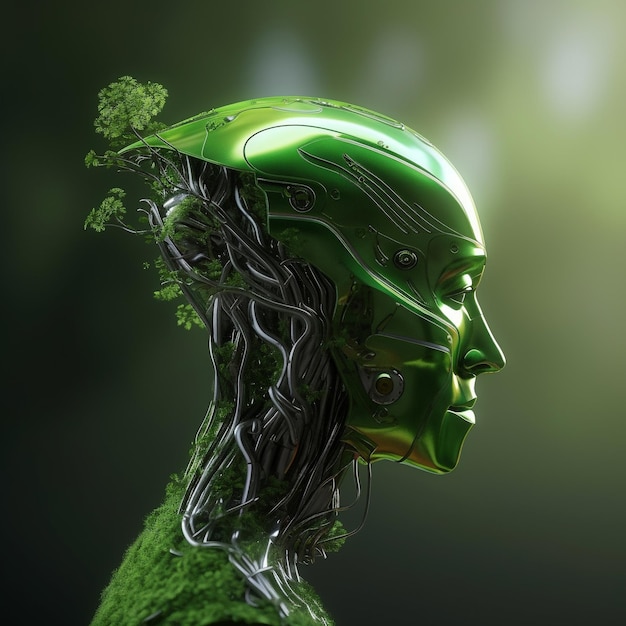 a beautiful green cyborg or robot with leaves and tree technology and nature