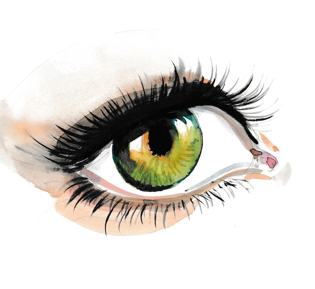 Beautiful green eye. Ink and watercolor drawing