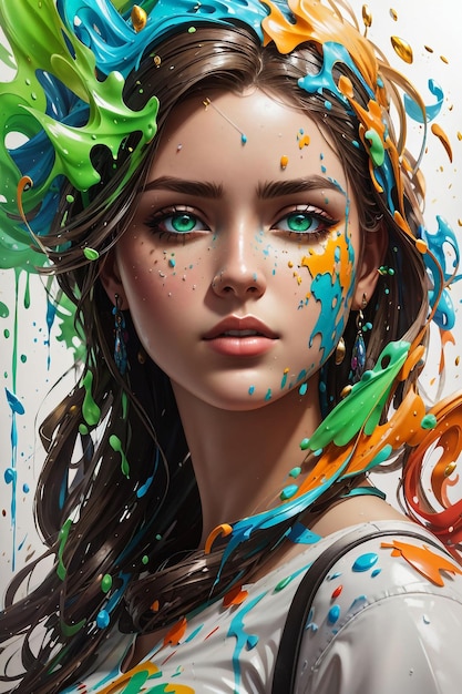 beautiful green eyed woman with colorful paint splash