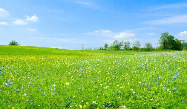 写真 野生の花が咲く美しい緑の野原