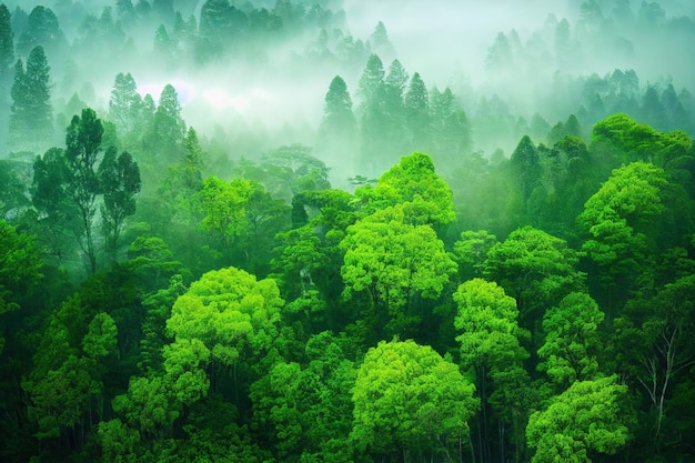 Beautiful green forest trees in vivid color nature landscape\
delightful view of lush woods treetop o