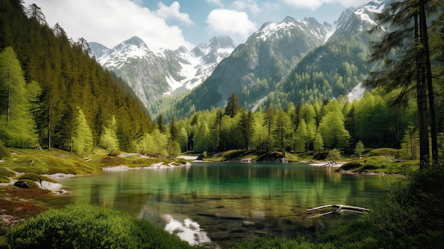 Красивый зеленый лес с озером и заснеженными горами на заднем плане Генеративный ИИ