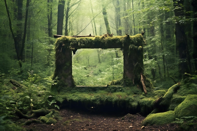 Photo beautiful green forest with old wooden gate and moss in the foreground