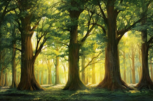 Beautiful green forest with sunbeams Digital painting illustration