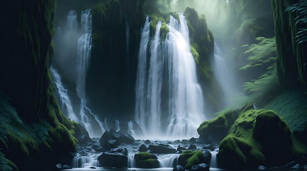 the beautiful green forest with a waterfall