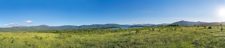 Photo 美麗的綠色山丘和山谷在日落的光