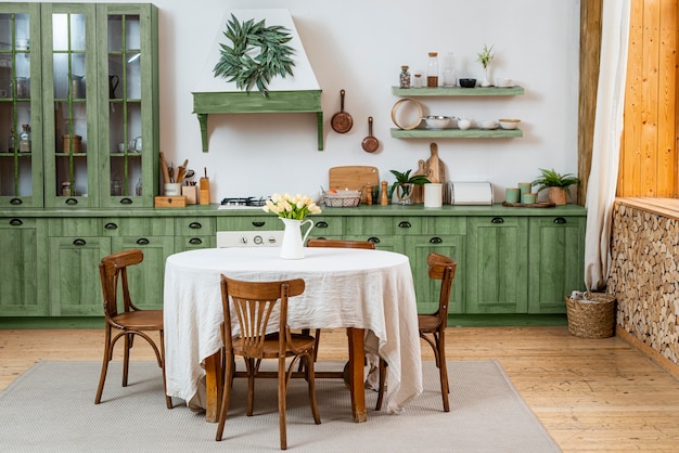 Foto bellissimo design degli interni della cucina verde