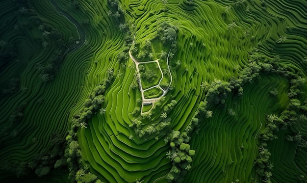 a beautiful green landscape with a wooden fence and a field of rice