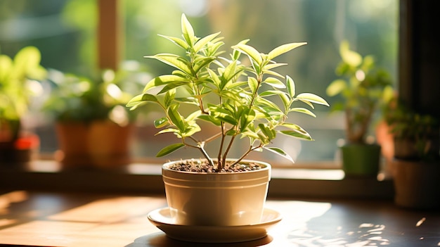 A beautiful green leaf grows in a small flower pot