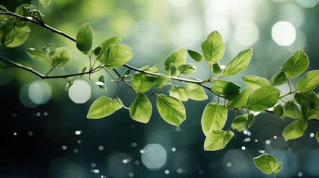 beautiful green leaves in the morning glare of light behind the trees and sunlight