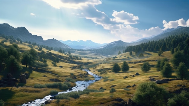 A Beautiful Green Mountain Stream Landscape Wallpaper Generative AI