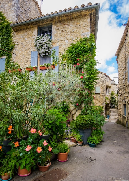 The beautiful and green narrow streets of the medieval village of Lussan, in the south of France