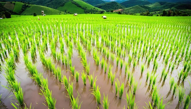 Beautiful green rice field in beautiful sunrise generative ai