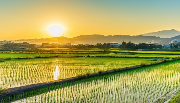 Красивое зеленое рисовое поле в прекрасном генеративном ИИ на рассвете