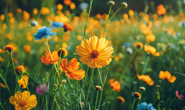 Beautiful green summer meadow with wildflowers in bloom close up Flowery field natural background