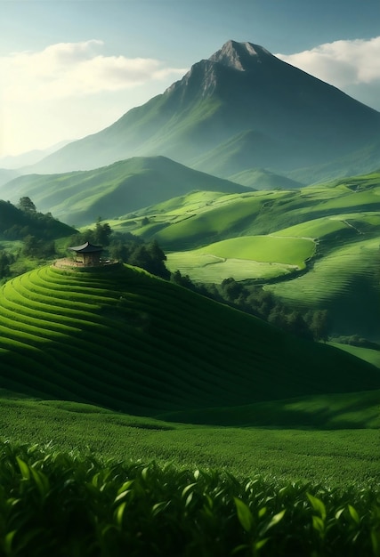 青い空の背景の山の上にある美しい緑茶畑